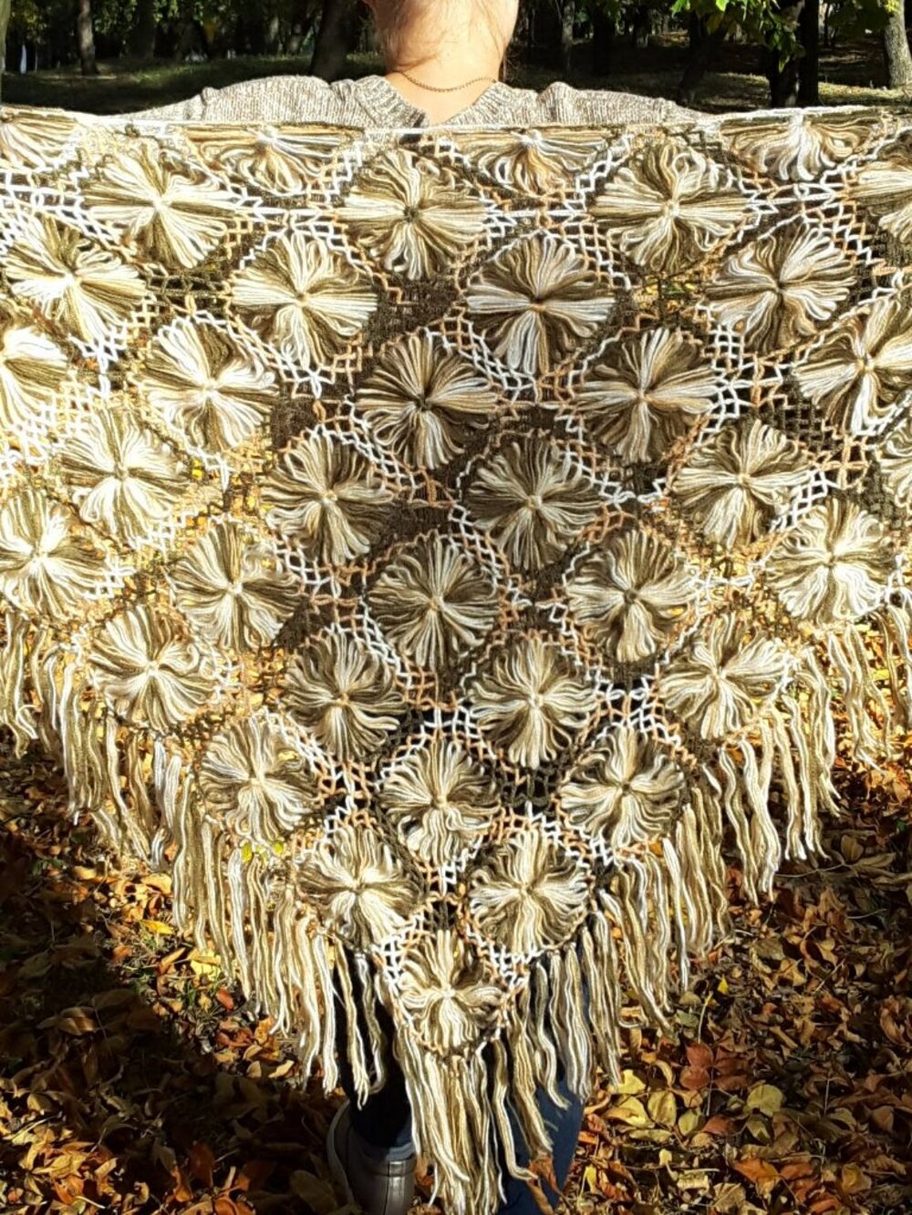 Handmade 3D Floral Crochet Shawl Beige Cream Boho Triangle Wrap